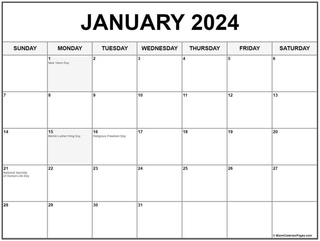 Calendar January 2024 With Holidays Printable Calendar