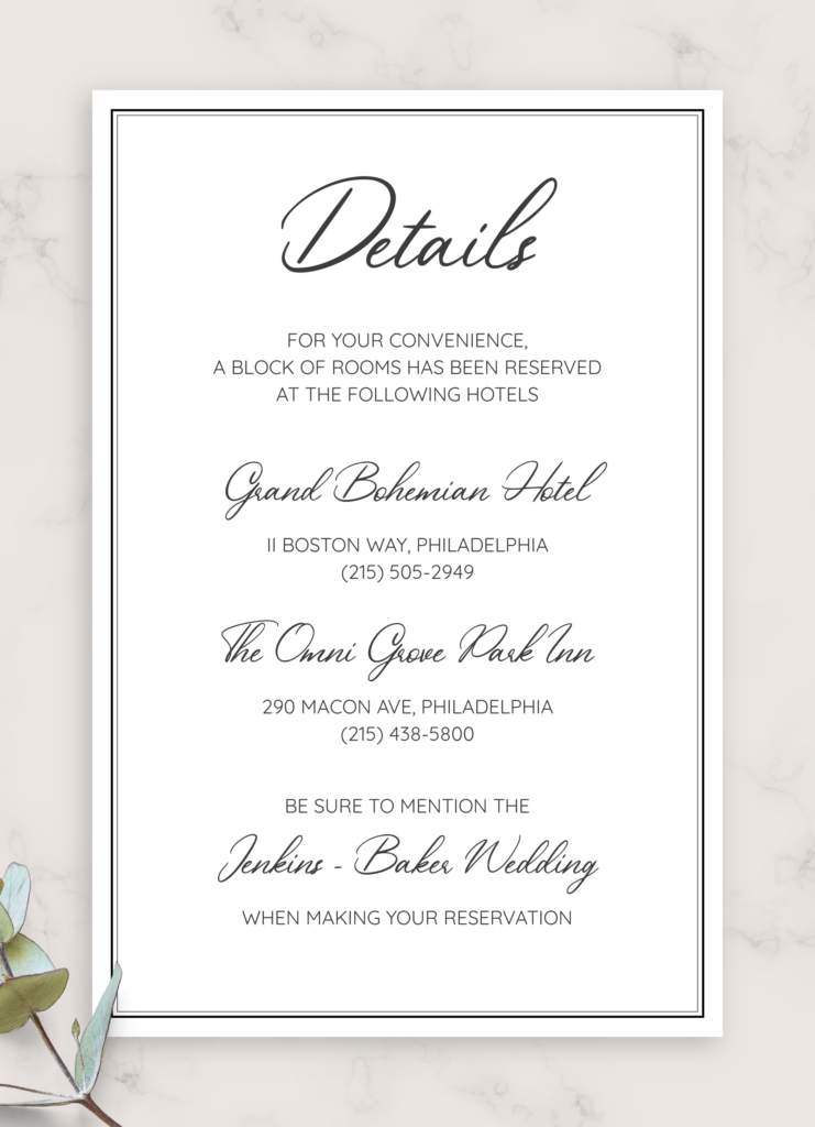 Download Printable Simple Elegant Wedding Details Card PDF