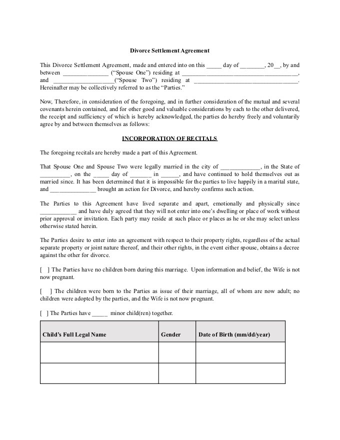 Get A Divorce Settlement Agreement Template For Your Business