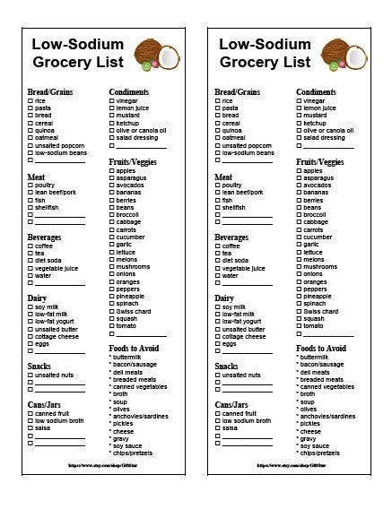 Low Sodium Grocery List Printable Instant Download Etsy Heart