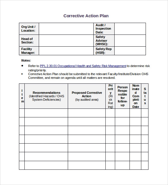 Printable Corrective Action Plan Template