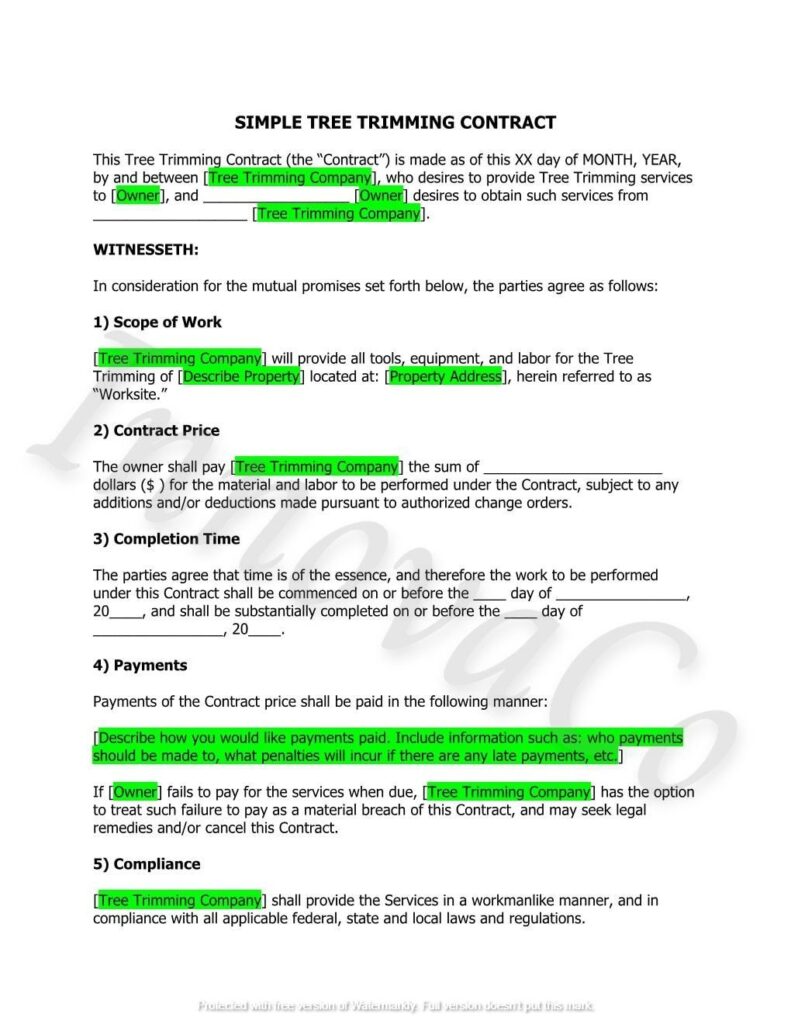Tree Trimming Contract Template Tree Removal Contract Agreement Tree