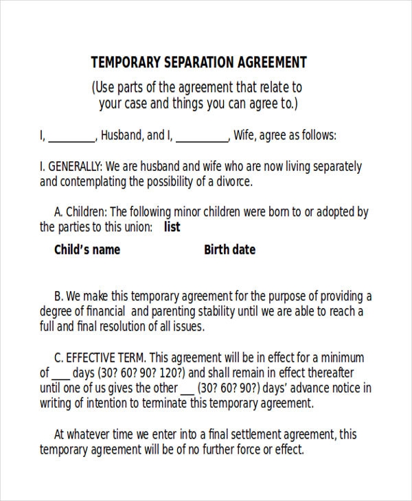 Trial Separation Agreement Template DocTemplates